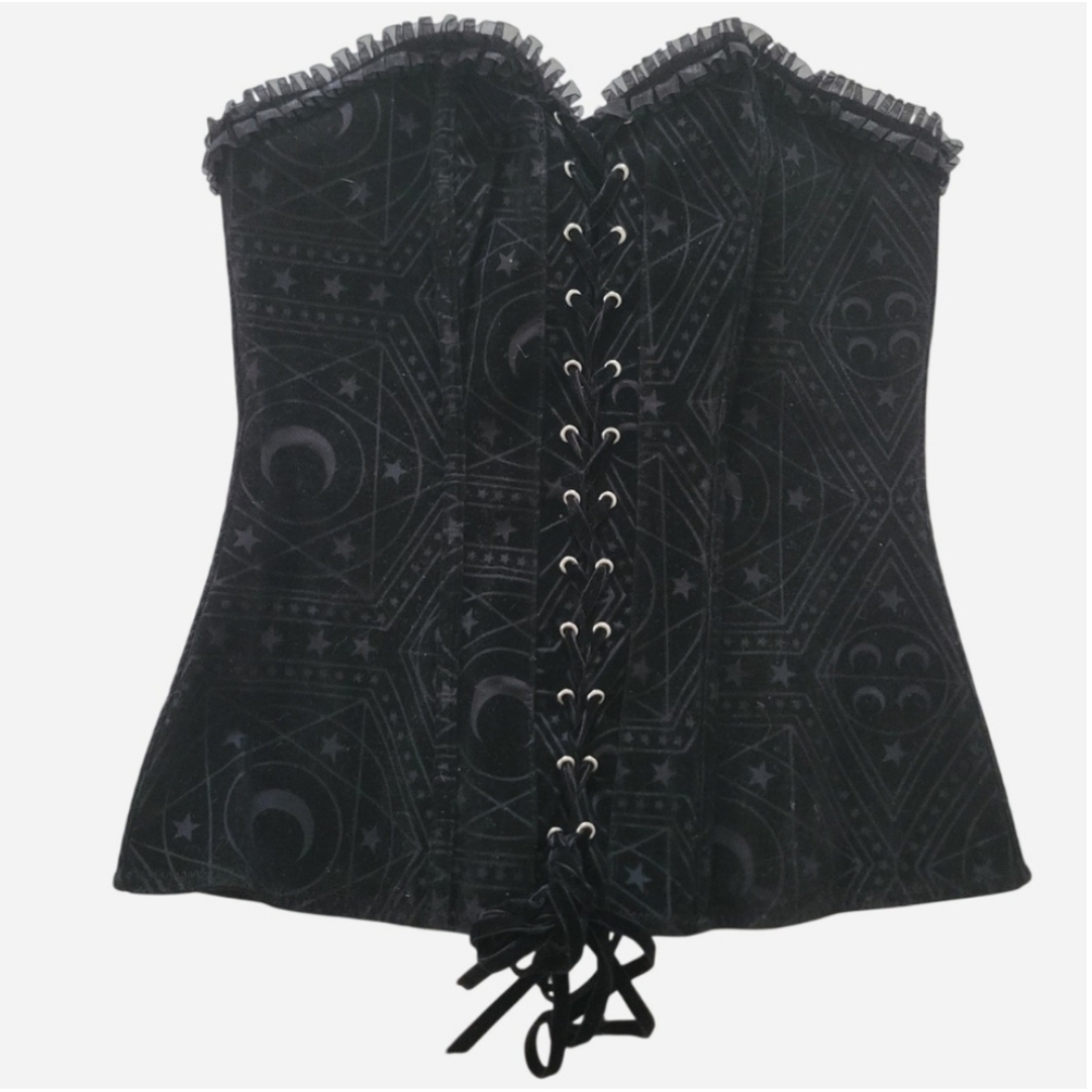 Romantic Goth Black Velvet Corset with Stars and Moons Print